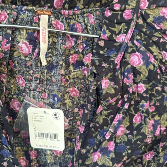 NEW Free People Small Meant To Be Smocked Blouse Floral  Combo Peasant Boho - Picture 6 of 11